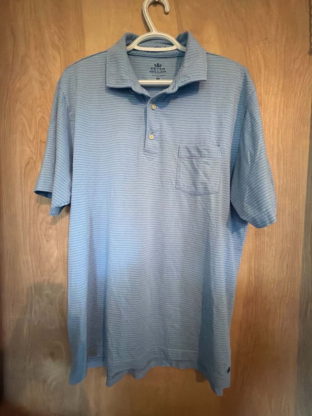 Peter Millar Seaside Wash Polo Shirt Size M Blue Striped Pocket